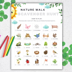 May include: A Nature Walk Scavenger Hunt activity sheet featuring a grid of twenty-five watercolor illustrations of outdoor items including a feather, butterfly, spiderweb, cloud, bench, flower, tree stump, berries, fence, squirrel, moss, water, rocks, tree, sign, bee, mushroom, nest, acorn, bird, hive, bug, house, flag, and clover.