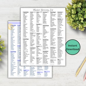 May include: A printable grocery list titled "Master Grocery List" with various food categories. The list includes sections for vegetables, fruits, meat, starches, dairy, and breakfast items. A green circle with the words "Instant Download" is on the right.