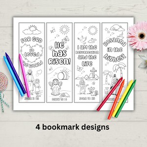 May include: Four black and white printable bookmark designs with Christian Easter themes. The bookmarks feature illustrations of angels, doves, crosses, and palm trees. The text on the bookmarks includes Bible verses such as "For God so loved the world", "He has risen", "I am the resurrection and the life", and "Hosanna in the highest".