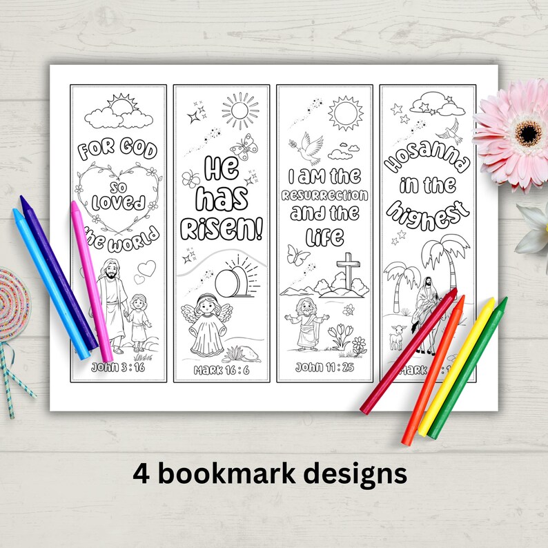 May include: Four black and white printable bookmark designs with Christian Easter themes. The bookmarks feature illustrations of angels, doves, crosses, and palm trees. The text on the bookmarks includes Bible verses such as "For God so loved the world", "He has risen", "I am the resurrection and the life", and "Hosanna in the highest".