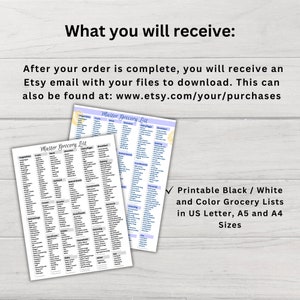 May include: Two printable grocery lists, one black and white, the other in color, with a light purple header and a list of food categories. The text "Master Grocery List" is at the top. The image also includes the text "Printable Black / White and Color Grocery Lists in US Letter, A5 and A4 Sizes."