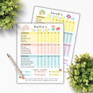 May include: Two colorful printable chore charts for children. The charts are designed with rainbows, flowers, and mushrooms. Each chart has a list of daily chores, including getting dressed, clearing the table, brushing teeth, and making the bed. The charts also include a section for weekly chores, such as vacuuming, watering plants, and cleaning mirrors. The charts are designed to help children learn responsibility and earn rewards for completing their chores.