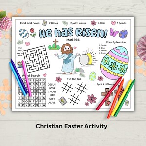 Christian Easter Placemat Printable Activity, Easter Bible Activity, He Has Risen Sunday School Coloring, Spring Break Activity For Kids