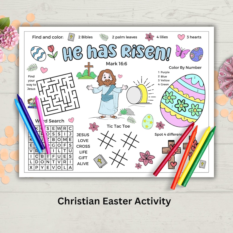 Christian Easter Placemat Printable Activity, Easter Bible Activity, He Has Risen Sunday School Coloring, Spring Break Activity For Kids