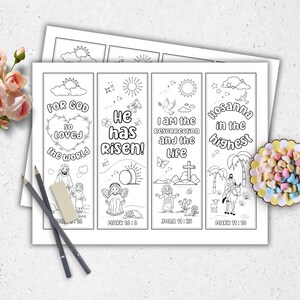 May include: Four black and white printable bookmarks with Christian Easter themes. The bookmarks feature illustrations of angels, doves, crosses, and Jesus. The text on the bookmarks includes Bible verses and phrases like "For God so loved the world", "He has risen", "I am the resurrection and the life", and "Hosanna in the highest".