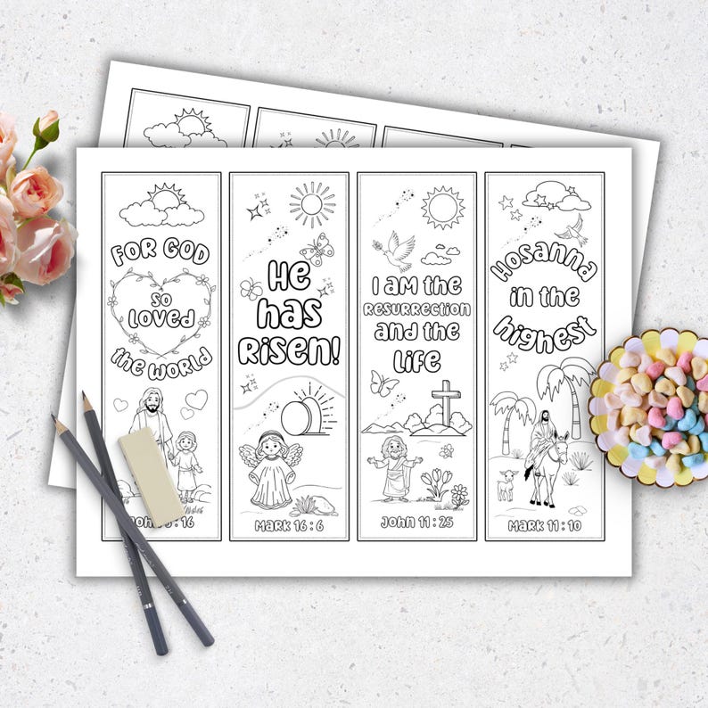 May include: Four black and white printable bookmarks with Christian Easter themes. The bookmarks feature illustrations of angels, doves, crosses, and Jesus. The text on the bookmarks includes Bible verses and phrases like "For God so loved the world", "He has risen", "I am the resurrection and the life", and "Hosanna in the highest".