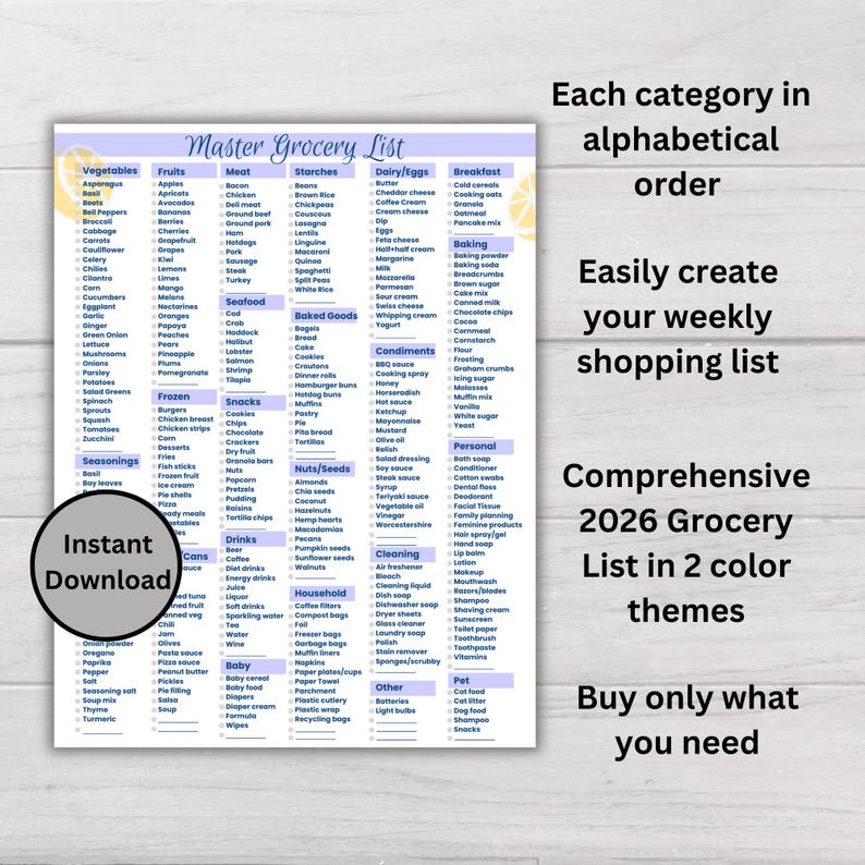 Master Grocery List Printable, Grocery Checklist, Food Shopping List, Food Inventory List, Grocery List Tracker, Grocery List Lemon Theme image 7