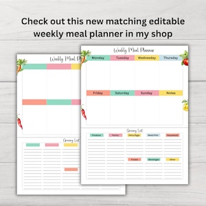 May include: Printable weekly meal planner and grocery list template with colorful headers and illustrations of vegetables and fruit. The planner includes sections for Monday through Sunday, notes, produce, pantry, dairy, meat, fish, household, frozen, beverages, and other.