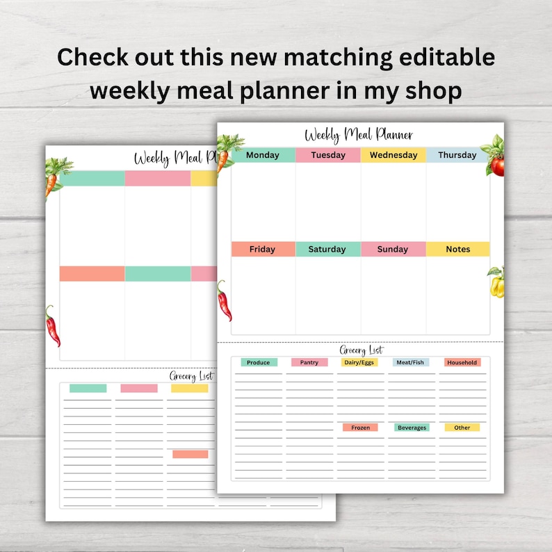 May include: Printable weekly meal planner and grocery list template with colorful headers and illustrations of vegetables and fruit. The planner includes sections for Monday through Sunday, notes, produce, pantry, dairy, meat, fish, household, frozen, beverages, and other.