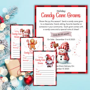 Candy Cane Gram Cards, vakantie Candy Gram Flyer Template afdrukbaar, kit voor basisschool of kerk kerstinzamelingsactie