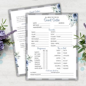 Christian Secret Sister-vragenlijst, Secret Sister Gift Exchange-enquête afdrukbaar, All About Me Secret Sister-formulier voor kerk of bediening