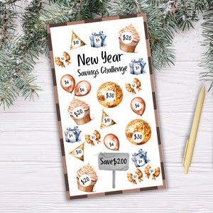 May include: A printable New Year Savings Challenge chart featuring gold and pink illustrations of cupcakes, balloons, gift boxes, and disco balls. The chart includes amounts to save each day, such as £2, £4, £6, £10, £20, and £30. The total amount to save is £200.