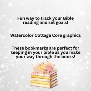 K&ouml;nnte beinhalten: Aquarell-Lesezeichen im Cottagecore-Stil mit einem Stapel B&uuml;cher und Blumen. Der Text lautet "Fun way to track your Bible reading and set goals! Watercolor Cottage Core graphics These bookmarks are perfect for keeping in your bible as you make your way through the books!"