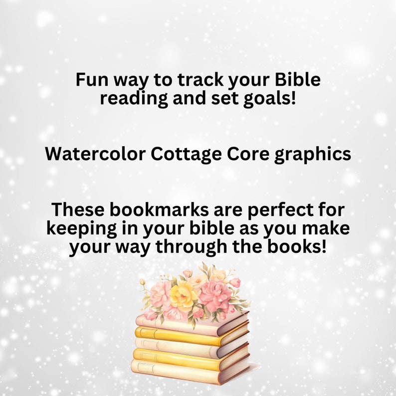 K&ouml;nnte beinhalten: Aquarell-Lesezeichen im Cottagecore-Stil mit einem Stapel B&uuml;cher und Blumen. Der Text lautet "Fun way to track your Bible reading and set goals! Watercolor Cottage Core graphics These bookmarks are perfect for keeping in your bible as you make your way through the books!"