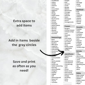 May include: A printable grocery list with categories for produce, seasonings, frozen foods, snacks, drinks, and baby items. The list includes space to add items and instructions to save and print as needed. The background is a marble pattern.