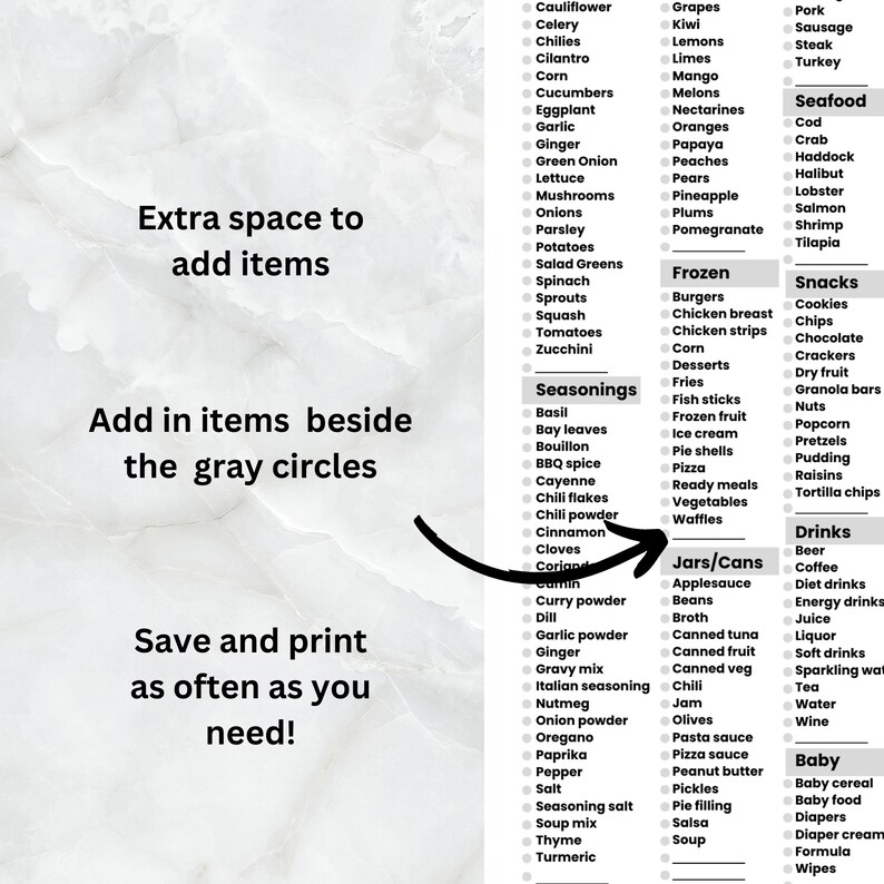 May include: A printable grocery list with categories for produce, seasonings, frozen foods, snacks, drinks, and baby items. The list includes space to add items and instructions to save and print as needed. The background is a marble pattern.