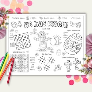 Christian Easter Placemat Printable Activity, Easter Bible Activity, He Has Risen Sunday School Coloring, Easter Holy Week Activity For Kids