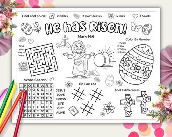 May include: A black and white printable Easter activity sheet with a variety of games and activities for kids. The sheet features a word search, a tic-tac-toe game, a color-by-number activity, and a spot-the-difference game. The sheet also includes a picture of Jesus rising from the tomb and the text "He has Risen!" and "Mark 16:6".