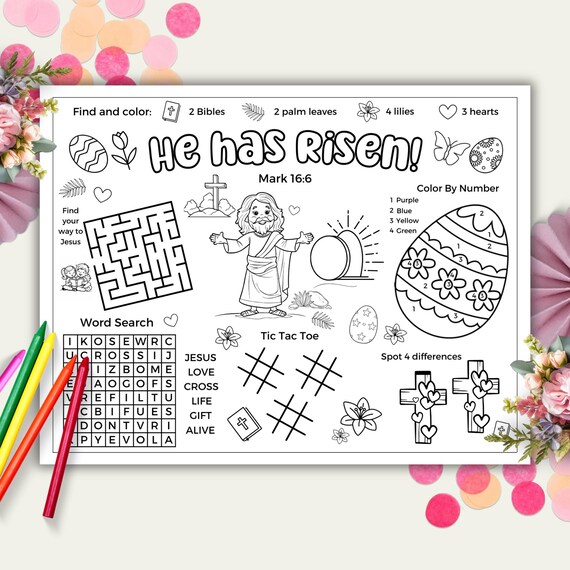 Christian Easter Placemat Printable Activity, Easter Bible Activity, He Has Risen Sunday School Coloring, Easter Holy Week Activity For Kids