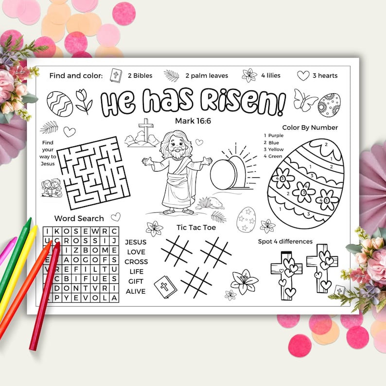 Christian Easter Placemat Printable Activity, Easter Bible Activity, He Has Risen Sunday School Coloring, Spring Break Activity For Kids