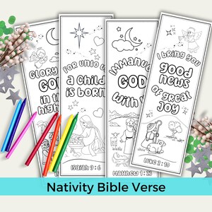 Christmas Nativity Printable Coloring Bookmarks For Kids, Christmas Bible Verse Bookmarks To Color, Winter Break Quiet Time Advent Activity