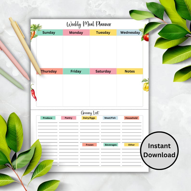 Editable Weekly Meal Planner And Grocery List Printable, Colorful Shopping List Template, Family Menu Planner, Food Journal Meal Tracker