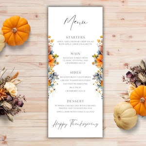 Modèle de carte de menu d'automne, menu modifiable du dîner de Thanksgiving, menu de mariage floral automne imprimable, menu de fête des amis d'automne