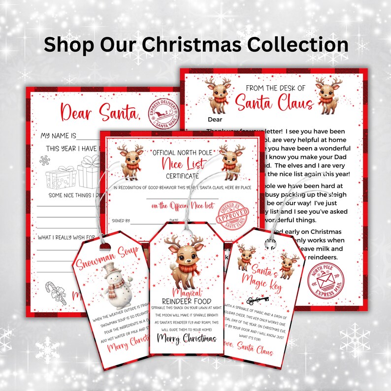 Peut inclure: Un ensemble de cartes de No&euml;l imprimables avec une lettre du P&egrave;re No&euml;l, un certificat de liste des gentils et trois &eacute;tiquettes cadeaux avec des illustrations de rennes et de bonhommes de neige. Les &eacute;tiquettes cadeaux comprennent des instructions pour faire de la soupe au bonhomme de neige, de la nourriture magique pour rennes et la cl&eacute; magique du P&egrave;re No&euml;l.