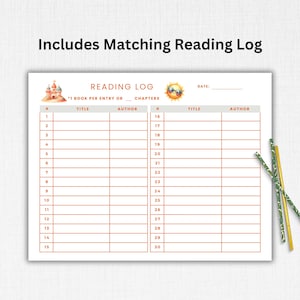 Puede incluir: Un registro de lectura blanco con l&iacute;neas de cuadr&iacute;cula naranja, con un tema de playa con un castillo de arena y un gr&aacute;fico de sol con gafas de sol. El texto "Includes Matching Reading Log" est&aacute; en la parte superior. El registro tiene espacios para el t&iacute;tulo, el autor y la fecha.