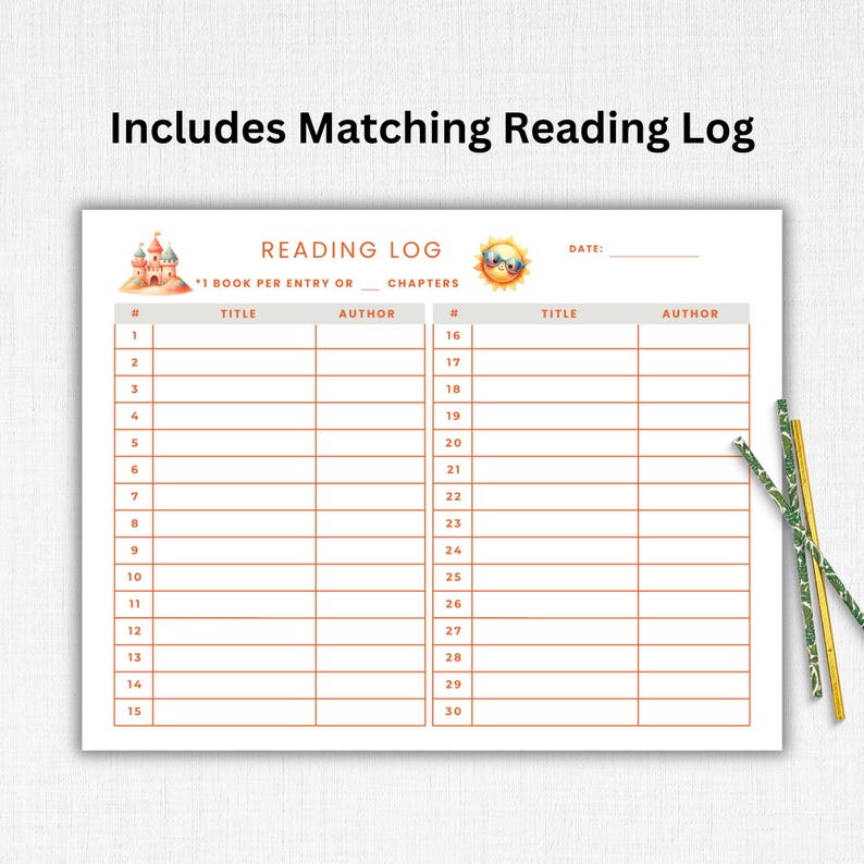Puede incluir: Un registro de lectura blanco con l&iacute;neas de cuadr&iacute;cula naranja, con un tema de playa con un castillo de arena y un gr&aacute;fico de sol con gafas de sol. El texto "Includes Matching Reading Log" est&aacute; en la parte superior. El registro tiene espacios para el t&iacute;tulo, el autor y la fecha.