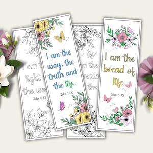 May include: Four white bookmarks with floral and butterfly designs. Each bookmark features a different Bible verse in a handwritten font. The verses include "I am the way, the truth, and the life" and "I am the bread of life."