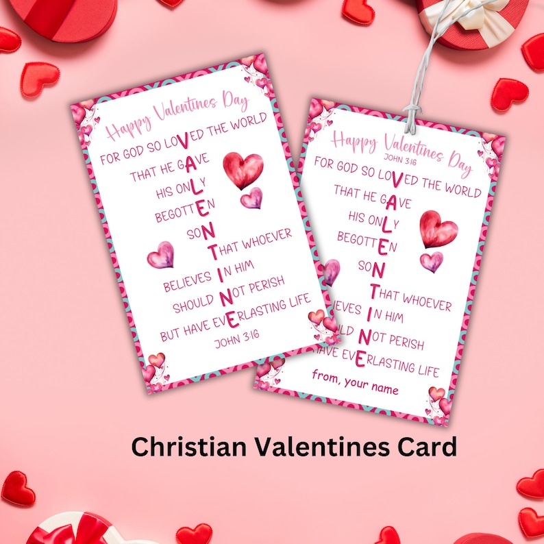 Op de afbeelding: Een christelijke Valentijnskaart met een roze en wit aquarelontwerp. De kaart toont het woord "Valentine" verticaal gespeld met Bijbelteksten over Gods liefde. De tekst luidt: "Want zo lief heeft God de wereld gehad, dat Hij Zijn eniggeboren Zoon gegeven heeft, opdat een ieder die in Hem gelooft, niet verloren ga, maar eeuwig leven heeft. Johannes 3:16."