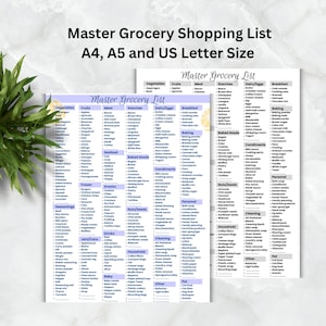 May include: A printable grocery shopping list with categories like vegetables, fruits, meat, and dairy. The list is available in A4, A5, and US Letter sizes. The title "Master Grocery List" is displayed at the top.