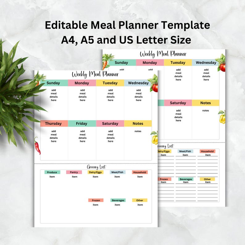 Op de afbeelding: Een printbare wekelijkse maaltijdplanner-sjabloon met een boodschappenlijst. De sjabloon heeft een kleurrijk ontwerp met illustraties van groenten en fruit. De tekst op de sjabloon zegt "Weekly Meal Planner".
