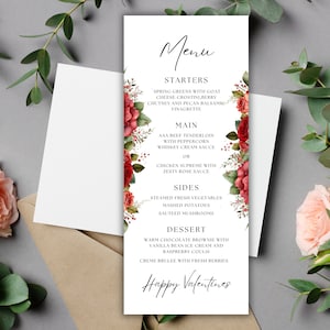 Plantilla de menú editable para San Valentín, tarjeta de menú para la cena de San Valentín, menú elegante para restaurante de San Valentín, menú imprimible para la cena festiva editable