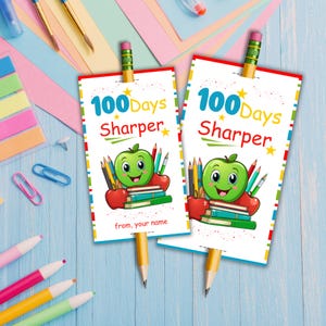 Cartão de lápis do 100º dia de aula, cartão de lápis personalizado para impressão de 100 dias mais afiado para crianças, ideia de presente faça você mesmo feliz 100º dia do professor