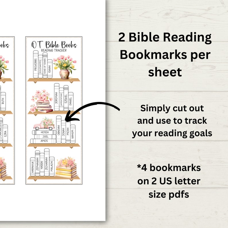 K&ouml;nnte beinhalten: Druckbare Lesezeichen f&uuml;r die Bibel. Zwei Lesezeichen pro Blatt, insgesamt vier Lesezeichen auf zwei US-Letter-PDFs. Die Lesezeichen zeigen ein B&uuml;cherregal mit einem Blumendesign und den Namen der B&uuml;cher des Alten Testaments.