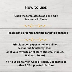 Op de afbeelding: Instructies voor het gebruik van een afdrukbare sjabloon. De tekst zegt dat je de sjablonen moet openen om items toe te voegen en te bewerken in Canva. Het zegt ook dat je het kunt afdrukken op papier thuis, online of bij een favoriete printshop. De tekst zegt ook dat je het digitaal kunt invullen in Adobe Reader, Goodnotes of andere PDF-ondersteunde platforms.