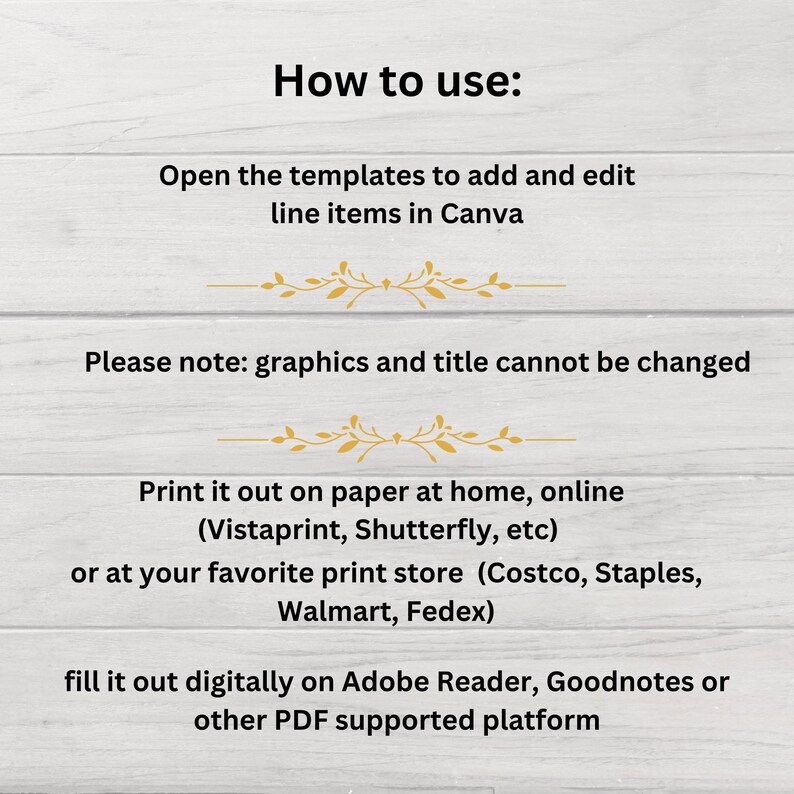 Op de afbeelding: Instructies voor het gebruik van een afdrukbare sjabloon. De tekst zegt dat je de sjablonen moet openen om items toe te voegen en te bewerken in Canva. Het zegt ook dat je het kunt afdrukken op papier thuis, online of bij een favoriete printshop. De tekst zegt ook dat je het digitaal kunt invullen in Adobe Reader, Goodnotes of andere PDF-ondersteunde platforms.