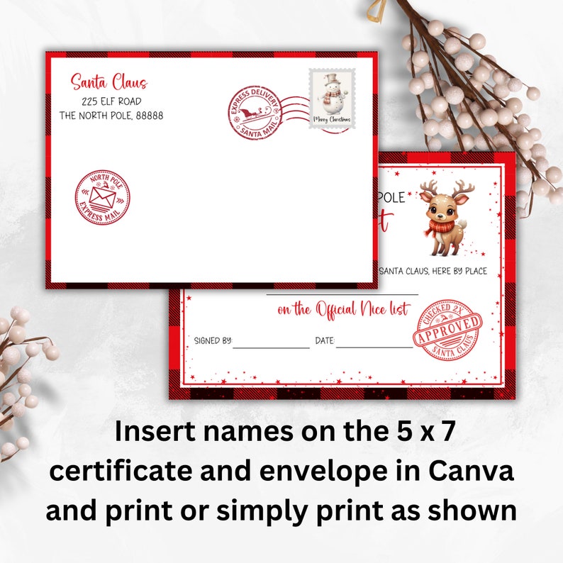 Peut inclure: Un certificat imprimable avec un fond en tissu &eacute;cossais rouge et noir. Le certificat indique "on the Official Nice list" et porte un tampon rouge indiquant "Checked 2x Approved Santa Claus". Il y a un renne de dessin anim&eacute; sur le certificat.