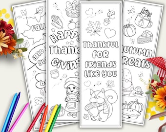 Marcadores para colorear de Acción de Gracias para niños, Actividad imprimible de otoño, Marcadores de lectura de otoño para colorear, Idea de manualidad para momentos de tranquilidad durante las vacaciones de otoño