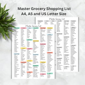 May include: A printable grocery list template in A4, A5, and US Letter sizes. The list is divided into categories such as vegetables, fruits, meat, starches, dairy/eggs, breakfast, baked goods, condiments, nuts/seeds, personal, cleaning, household, jars/cans, drinks, baby, and pet. The template is designed to help you organize your grocery shopping.