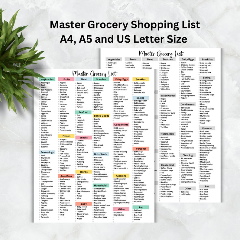 May include: A printable grocery list template in A4, A5, and US Letter sizes. The list is divided into categories such as vegetables, fruits, meat, starches, dairy/eggs, breakfast, baked goods, condiments, nuts/seeds, personal, cleaning, household, jars/cans, drinks, baby, and pet. The template is designed to help you organize your grocery shopping.