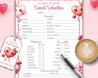 Geheime Valentijnsvragenlijst en cadeaukaartjes afdrukbaar, Valentijn enquête uitwisselingsspel, klasfeestactiviteit, Instant Download