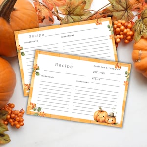 Schede di ricette autunnali stampabili, Schede di ricette autunnali stampabili, Idee regalo per preparare ricette di zucca, Scheda di ricette del Ringraziamento 4x6, Download immediato