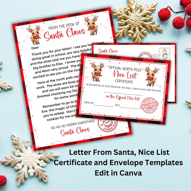 Peut inclure: Mod&egrave;les de No&euml;l imprimables comprenant une lettre du P&egrave;re No&euml;l, un certificat de liste des gentils et une enveloppe &agrave; carreaux rouge et noir. Les mod&egrave;les pr&eacute;sentent une illustration de renne de dessin anim&eacute;.