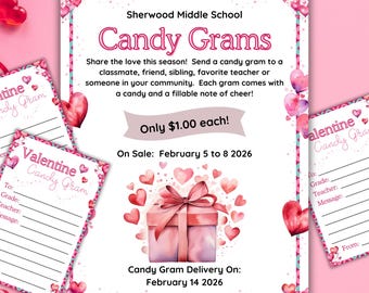 Valentines Candy Gram-kaarten, Candy Gram-flyersjabloon afdrukbaar, poster en Gram Kit voor school of kerk Valentijnsinzamelingsactie