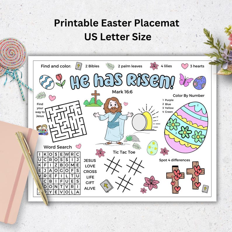 May include: Printable Easter placemat with activities for kids. It features a word search, color by number, tic-tac-toe, spot the difference, and a maze. The placemat has a religious theme with the words "He has Risen!" and "Mark 16:6".