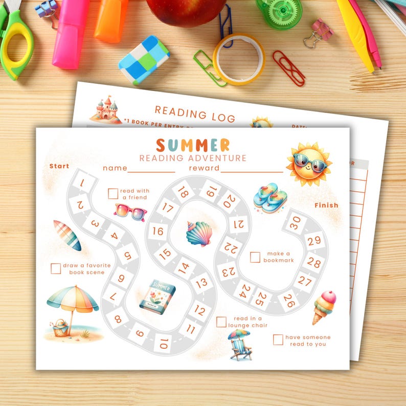 Puede incluir: Dos hojas de papel blancas con un colorido juego de aventura de lectura de verano. El juego presenta ilustraciones de un sol, una concha, un cono de helado y otras im&aacute;genes con temas de verano. El texto incluye "Summer Reading Adventure" y "Reading Log".