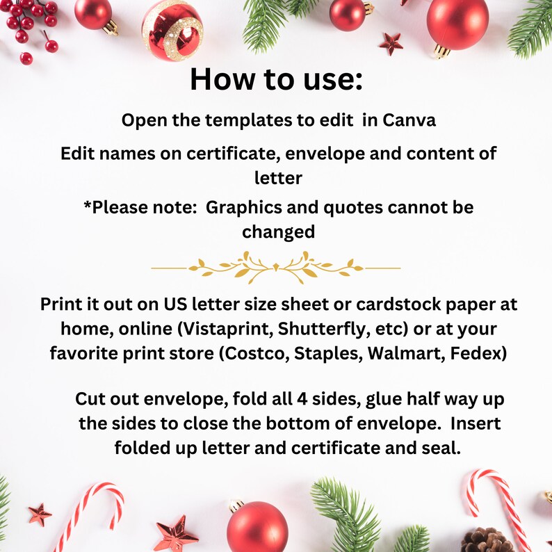 Peut inclure: Instructions sur la fa&ccedil;on d'utiliser un mod&egrave;le de certificat de No&euml;l imprimable. Les instructions comprennent la modification du mod&egrave;le dans Canva, l'impression sur du papier au format lettre US et l'assemblage du certificat et de l'enveloppe. L'image comprend des d&eacute;corations de No&euml;l rouges et vertes.